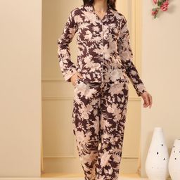 SANSKRUTIHOMES Floral Printed Lapel Collar Pure Cotton Night suit-image-53