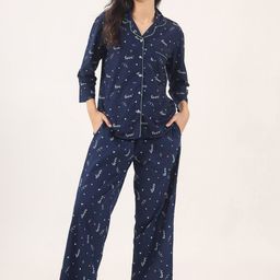 SANSKRUTIHOMES Conversational Printed Lapel Collar Pure Cotton Night suit-image-42