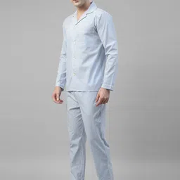 Hancock Striped Lapel Collar Long Sleeves Cotton Relaxed Fit Night suit 28032White-Blue-image-44