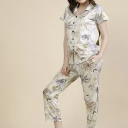 FABINALIV Floral Printed Lapel Collar Night suit-image-98