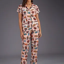 SEPHANI Women Peach-Coloured & Red Printed Night suit-picture-17