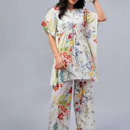 WineRed Floral Printed Pure Cotton Night Suit With Scrunchie-image-72