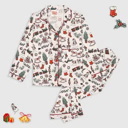 Pyjama Party Kids Conversational Printed Cuban Collar Pure Cotton Night suit-image-99