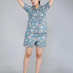 MIRAVAN Women Blue & White Floral Printed Night suit-image-32