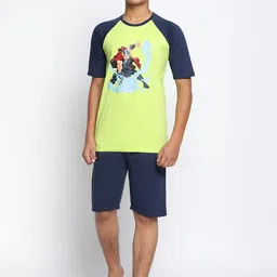 Lil Tomatoes Boys Lime Green & Blue Printed Night suit-image-11