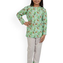 frangipani Kids Green & White Printed Cotton Night suit-0