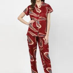 Arrabi Peacock Feather Printed Satin Women Night Suit-image-99