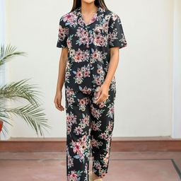 SANSKRUTIHOMES Women Black & Pink Printed Pure Cotton Night suit-picture-40