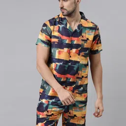 Bushirt Men Orange & Black Printed Night suit-image-53