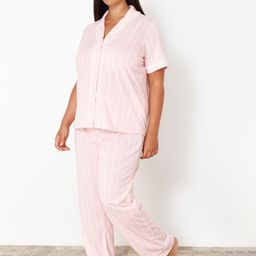 Trendyol Plus Size Striped Lapel Collar Pure Cotton Night suit-24