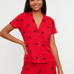 Trendyol Geometric Printed Lapel Collar Pure Cotton Night suit-image-45