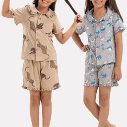 Growing Tree Girls Pack Of 2 Conversational Printed Pure Cotton Night Suit-picture-20
