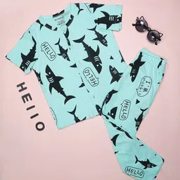 BE AWARA Kids Shark Printed Pure Cotton Night suit-image-52