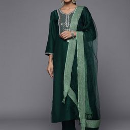 KALINI Ethnic Motifs Yoke Design Regular Thread Work Kurta With Trousers & Dupatta-image-22