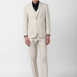 Van Heusen Men Beige Checked Single Breasted Slim Fit Three Piece Suit-image-73