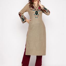 Zigo Women Camel Brown & Maroon Embroidered Thread Work Kurta with Trouser-picture-40