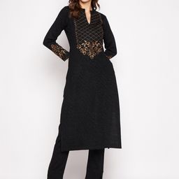 Zigo Women Black & Gold Ethnic Motifs Embroidered Thread Work Kurta with Trouser-picture-11