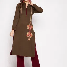Zigo Women Camel Brown & Maroon Floral Embroidered Kurta with Trouser-picture-18