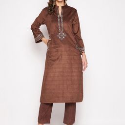 Zigo Women Coffee Brown Floral Embroidered Thread Work Velvet Kurta with Trousers-picture-17