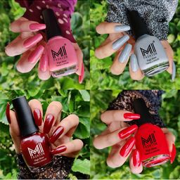 MI FASHION Set of 4 High Shine Long-Lasting Nail Lacquer 15 ml Each-Candy Cotton 23 - Grey 41 - Wine Maroon 44 - Red 71-45