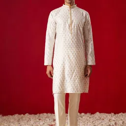 VASTRAMAY Floral Woven Design Mandarin Collar Long Sleeves Kurta with Pyjamas-picture-49