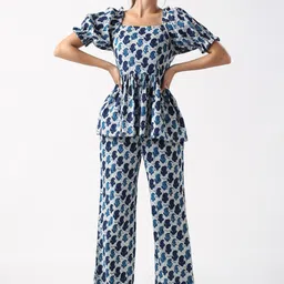 JISORA White & Blue Printed Pure Cotton Square Neck Top & Trouser-image-15