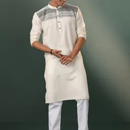 VASTRAMAY Mandarin Collar Long Sleeves Pure Cotton Kurta with Pyjamas-image-34
