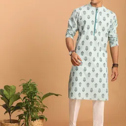 SHVAAS by VASTRAMAY Ethnic Motifs Printed Band Collar Pure Cotton Sustainable Kurta With Trousers-picture-33