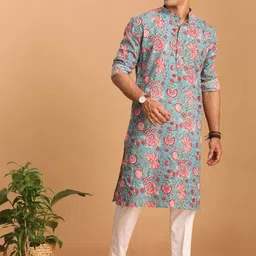 SHVAAS by VASTRAMAY Floral Printed Straight Kalamkari Pure Cotton Kurta with Pyjamas-17