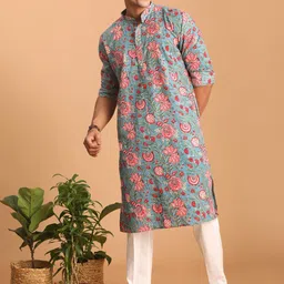 SHVAAS by VASTRAMAY Floral Printed Kalamkari Pure Cotton Sustainable Kurta with Pyjamas-57