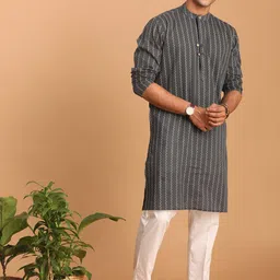 SHVAAS by VASTRAMAY Woven Design Mandarin Collar Pure Cotton Sustainable Kurta With Pyjamas-43