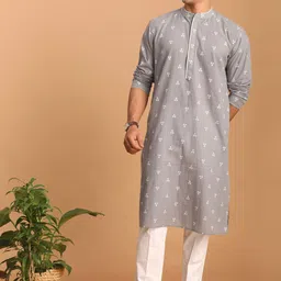 SHVAAS by VASTRAMAY Woven Design Band Collar Pure Cotton Sustainable Kurta With Trousers-picture-51