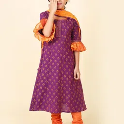 Fabindia Girls Floral Printed Pure Cotton Kurta with Churidar & With Dupatta-picture-36