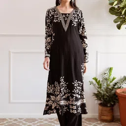 Anouk Black Floral Printed Thread Work A-Line Kurta With Trouser & Dupatta-6