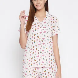Clovia Women Pink & White Printed Button Down Shirt & Shorts Set-image-29