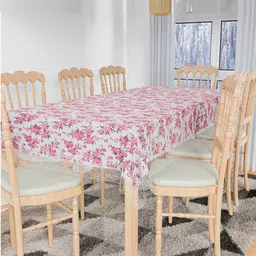 Kuber Industries White & Pink Floral Printed 8 Seater Table Cover-99