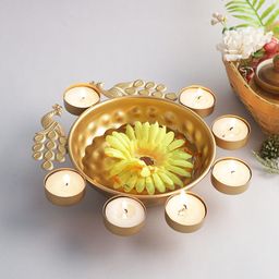 Aapno Rajasthan Gold-Toned Textured Urli Showpiece With 7 Tea-Light Candle Holder Set-image-50