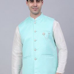 Jompers Men Sky Blue Woven Design Nehru Jacket-38