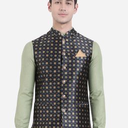 Greenfibre Men Black & Beige Poly Viscose Printed Nehru Jacket-56