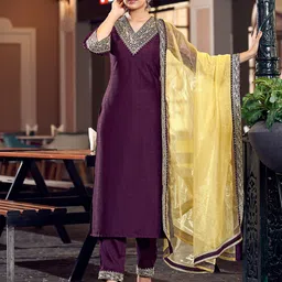 KALINI V Neck Embroidered Thread Work Kurti with Trousers & With Dupatta-47