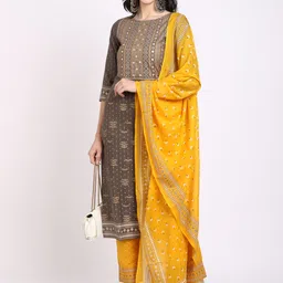 Roly Poly Ethnic Motifs Printed Mirror Work Pure Cotton Kurta With Trousers & Dupatta-27