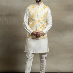 Tasva Men Yellow Silk Kurta With Churidar & Embroidered Bundi Jacket-46