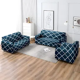 Aura Navy Blue & White 3 Pieces Stretchable Sofa Cover Set-11