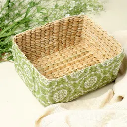 HABERE INDIA Green & White Woven-Design Grass Storage Basket-19