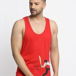 Friskers Men Red & Black Cricket Design Pure Cotton Apple Cut Gym Vest-16