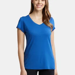 Jockey Micro Modal Cotton Relaxed Fit Solid V Neck T-Shirt with Lace Trim On Sleeves-image-77