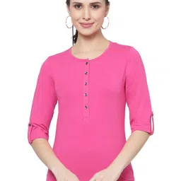 Prag & Co Women Pink Henley Neck Roll-Up Sleeves Antimicrobial T-shirt-image-39