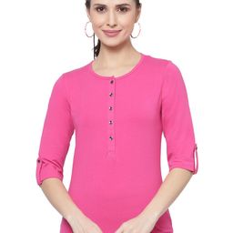 Prag & Co Women Pink Henley Neck Roll-Up Sleeves Antimicrobial T-shirt-image-36