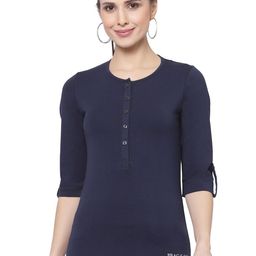 Prag & Co Women Blue Henley Neck Roll-Up Sleeves Antimicrobial T-shirt-image-38
