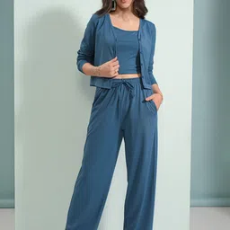 Tokyo Talkies Blue Shoulder Straps Camitop With Cardigan And Trouser-31
